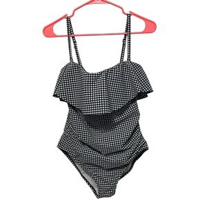 Kona Sol Swimsuit Women's Medium Blue Plaid One Piece High Coverage Ruched Sides